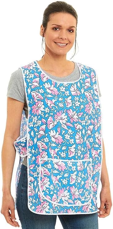 TIE & DINE Floral Tabard Apron for Women with Pockets - UK Made Polyester Cleaning Overalls in Pink, Navy, Blue & Aqua UK Size S to 3XL (Blue, XL)
