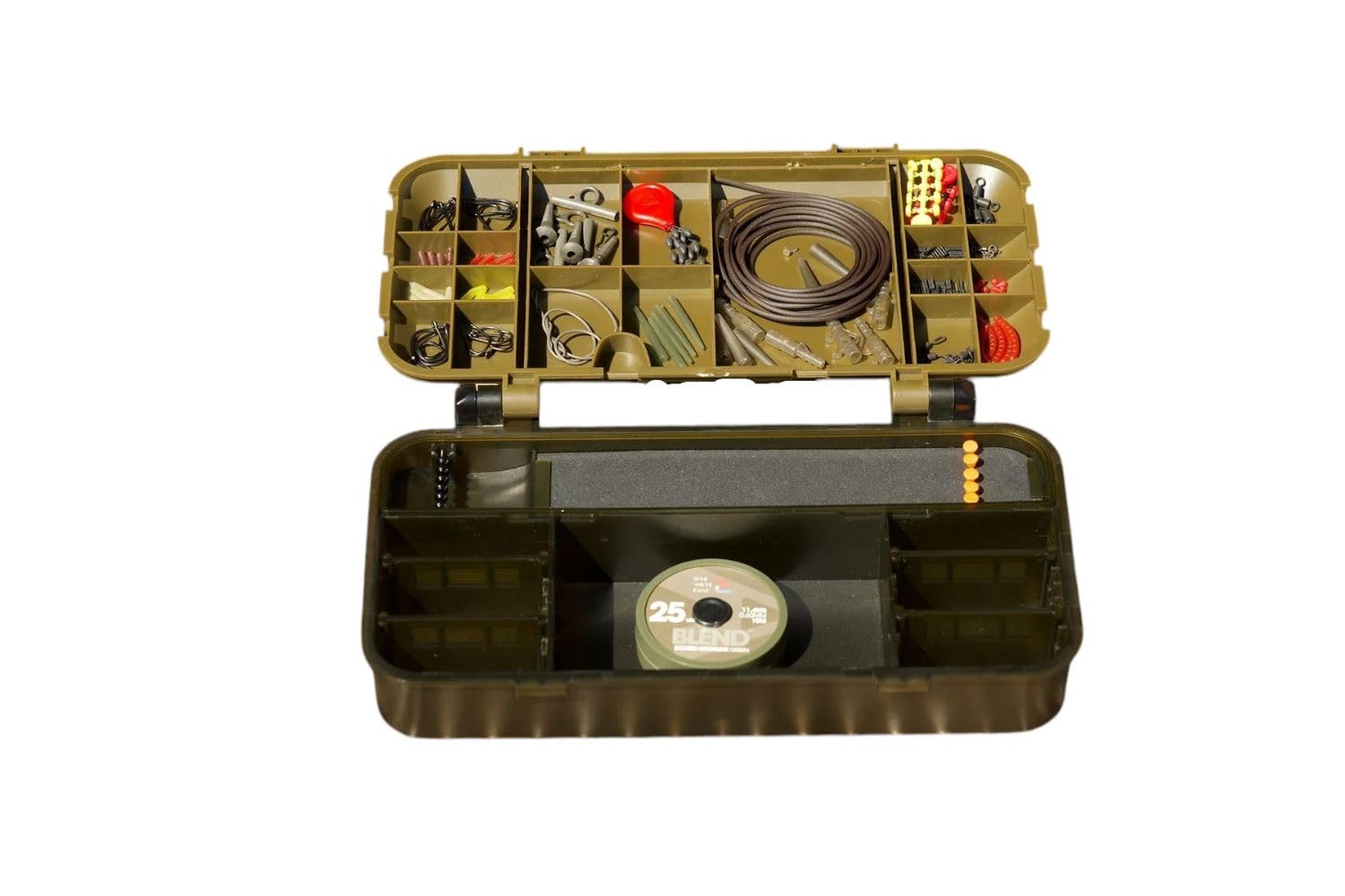 Mixed Grill Loaded Tackle Box - Carp Fishing Terminal Tackle Kit with Hooks, Swivels, Tubing, Braid & Rig Components - Olive Green Organiser Case