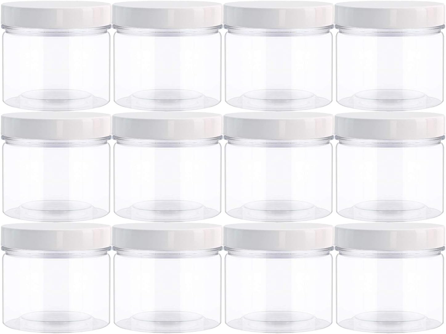 14oz (420 ml 12 Pack) Empty Clear Wide Mouth Plastic Jars with Lids and Labels -PET Containers Great for Cream,Cosmetics,Slime Storage Jars - BPA Free (White Lids)