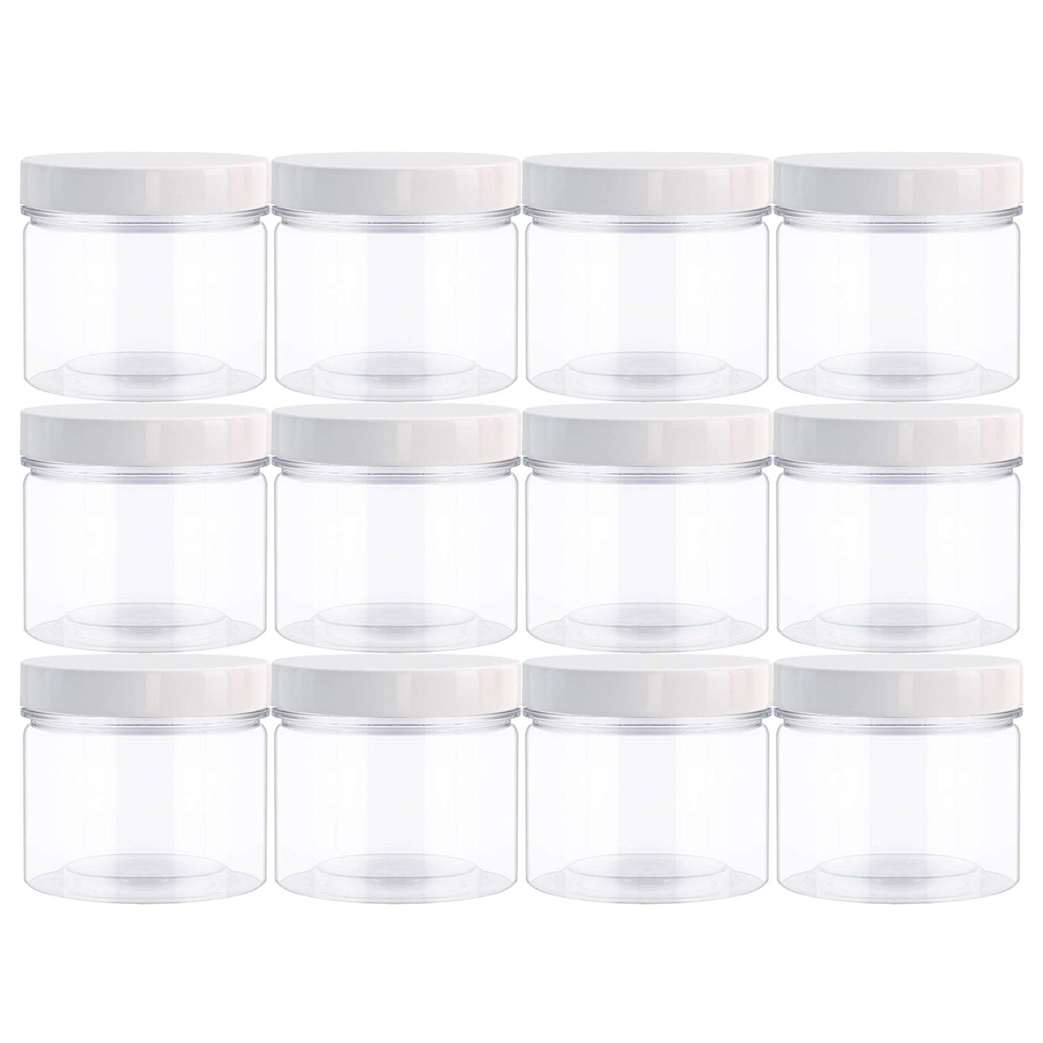 14oz (420 ml 12 Pack) Empty Clear Wide Mouth Plastic Jars with Lids and Labels -PET Containers Great for Cream,Cosmetics,Slime Storage Jars - BPA Free (White Lids)