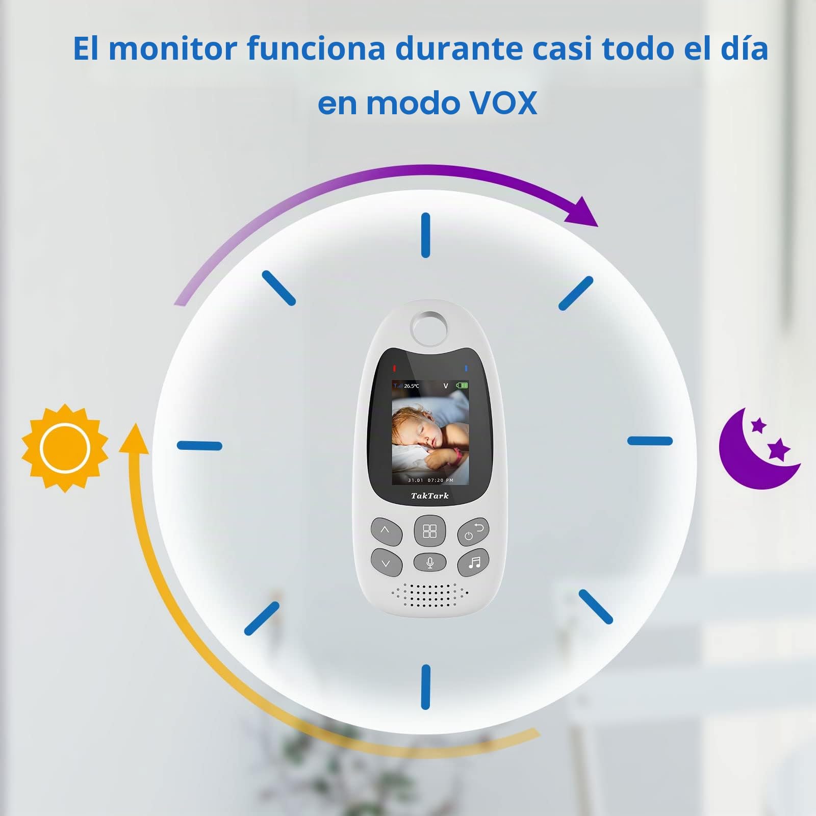 TakTark Vigilabebes con Camara, Inalámbrico Camara Vigilancia Bebe Inteligente Monitor Bebé con LCD 2.0'' y Cámara Visión Nocturna, Comunicación Bidireccional, VOX y Vigilancia de la Temperatura