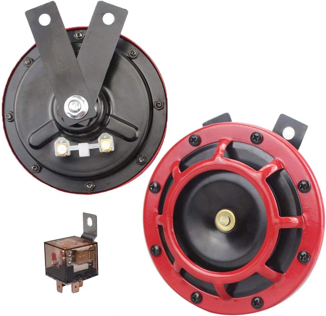 Airzir 12V 135Db High Tone/Low Tone Electric Car Horn Kit with Relay, Super Loud Universal Metal Auto Vehicle Horn Kit with Bracket for Car Truck RV Van SUV Motorcycle Off Road Boat(Red)