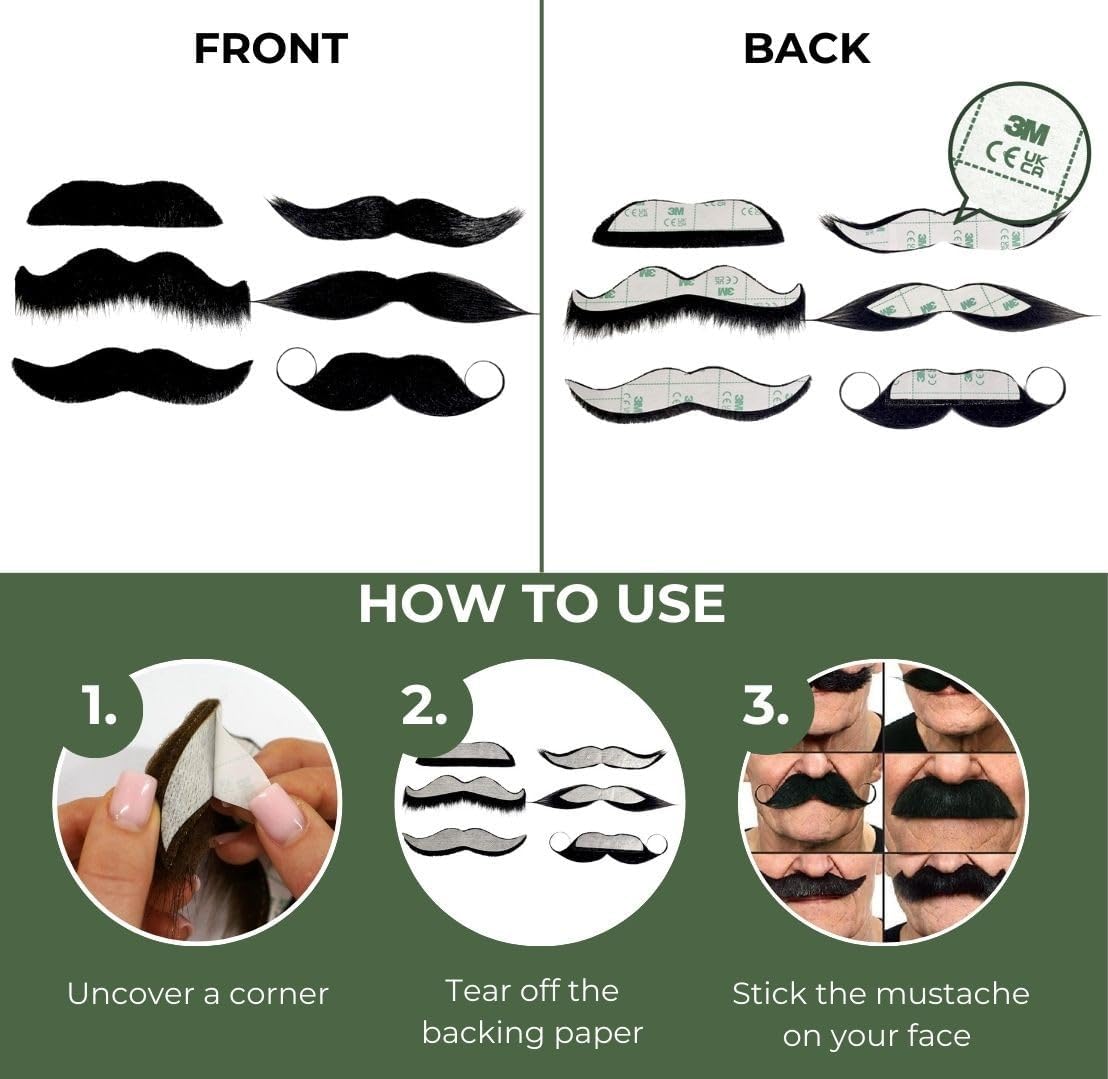 Mustaches Self Adhesive Fake Mustache Mix, Novelty, False Facial Hair Value Pack (6pcs.)