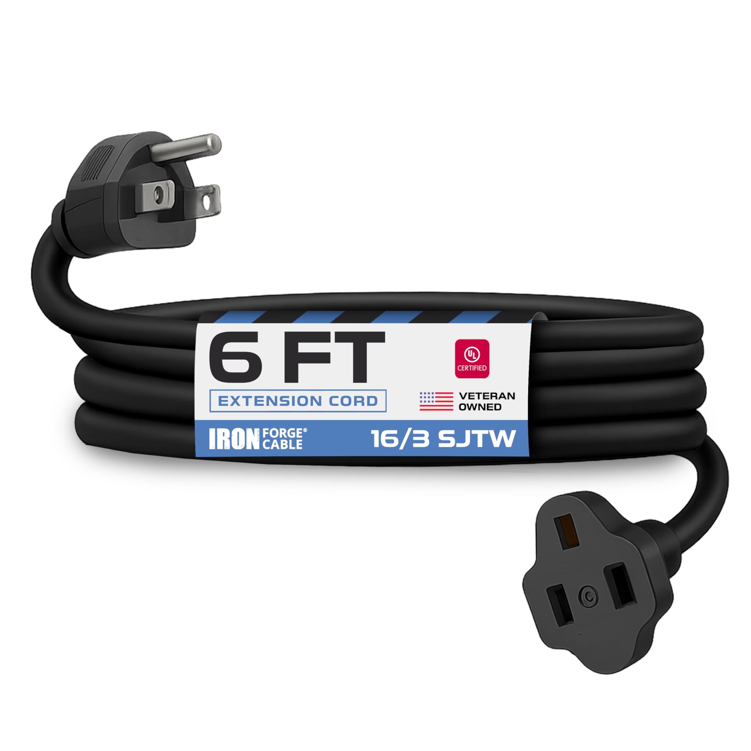 Iron Forge Cable 6 Ft Black Extension Cord, 16/3, 6 Foot Extension Cord, 3 Prong, Weatherproof - Great for Outside Use