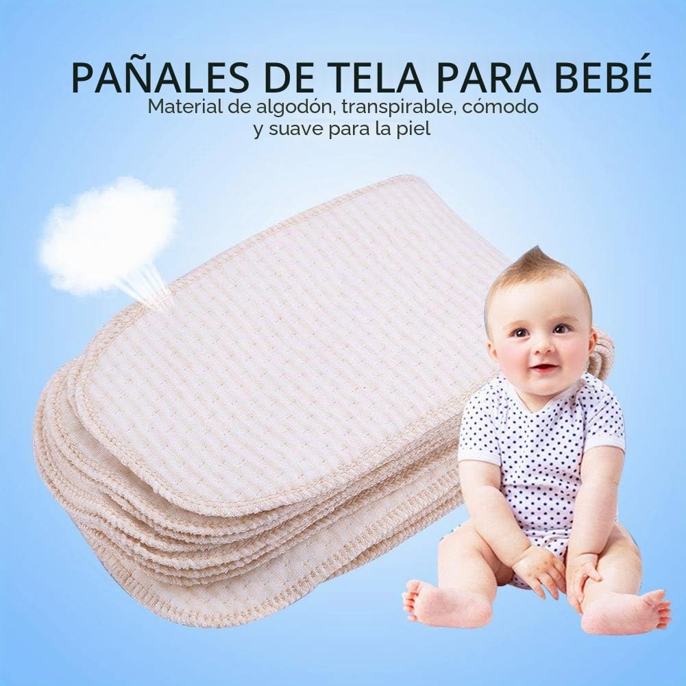 Pañales Reutilizables de Algodón 10 Piezas Transpirables Insertos de 3 Capas para Bebés y Recién Nacidos