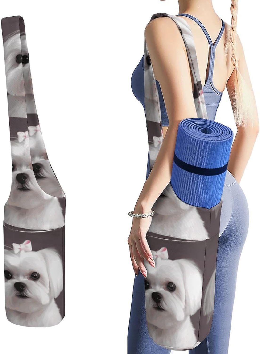 Lovely Maltese Dog Yoga Mat Bag, Durable Canvas Yoga Mat Storage Bag with Water Bottle Pocket And Bottom Wet Bag, Fits Most Size Yoga Mats