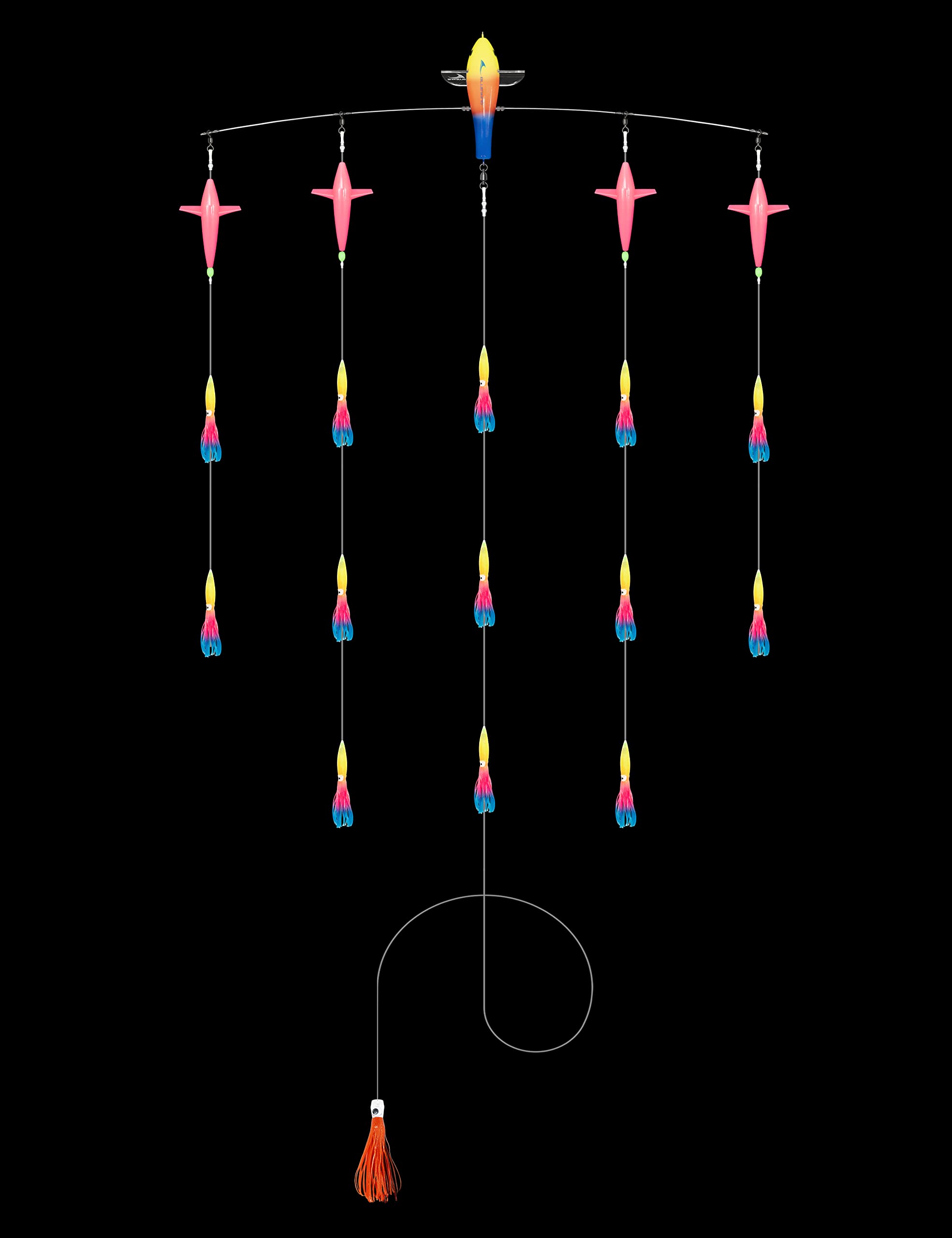 BLUEWING 18"/36" Fishing Spreader Bar Canyon Center/Port/Starboard Offshore Spreader Bar with 6in/9in Floating Squids, Trolling Birds and 316 Stainless Steel Rod for Wahoo Tuna Marlin Mahi Mahi