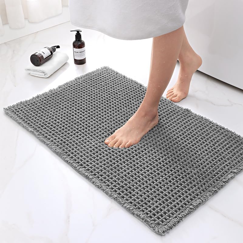 Waffle Bath Mat, Upgraded Waffle Bath Mat, Bathroom Rug, Super Absorbent Non Slip Bathroom Rug, Machine Waffle Bath Mat with Tassels, Ideal for Hallway Bedroom Laundry Room (Gray,20 * 31in)