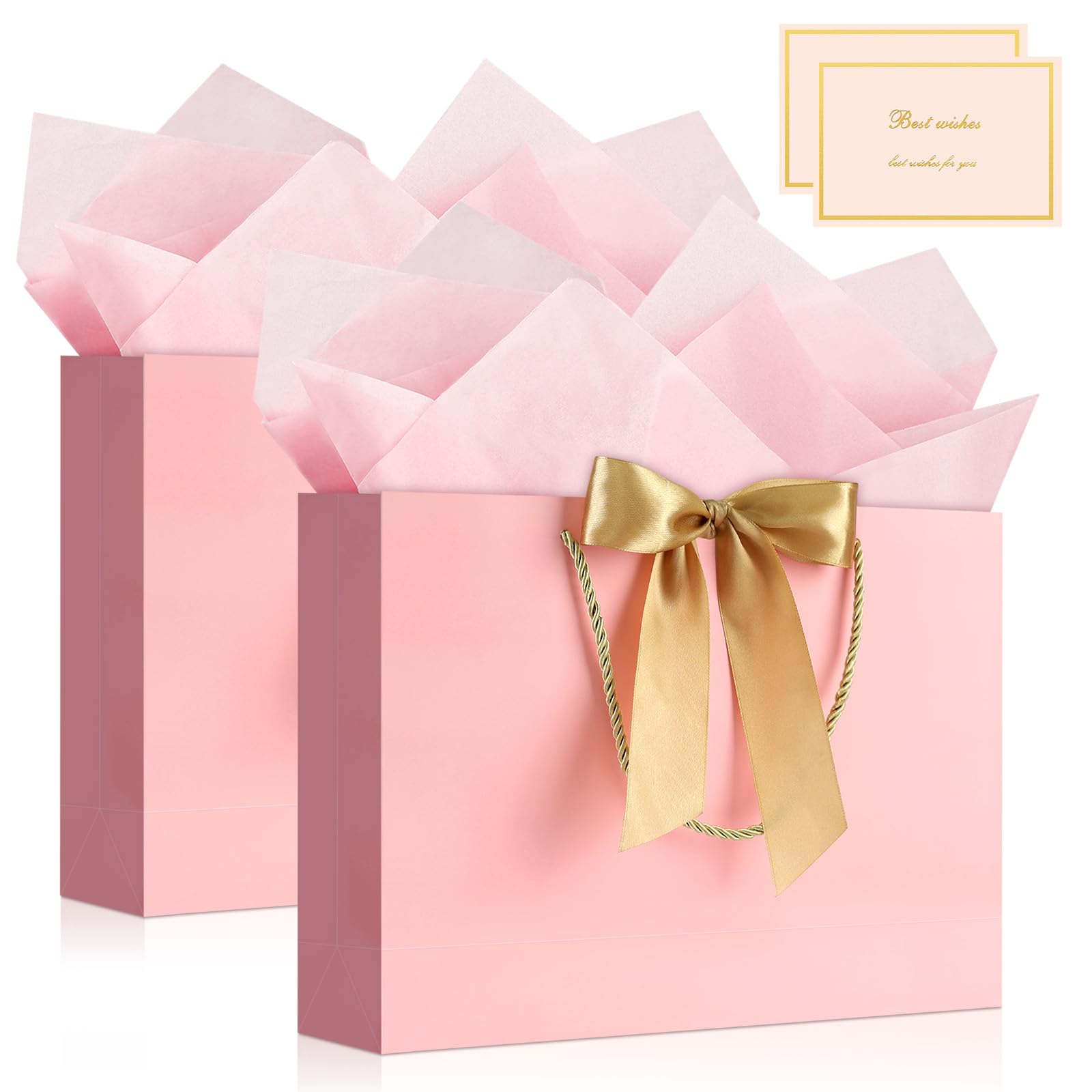 YoungTree Large Gift Bag 2-Pack – 32x25x11 cm, Includes 2 Greeting Cards & 4 Tissue Papers, Portable Paper Bag with Handles, Gift Wrap for Wedding, Mother's Day, Birthday (Pink) — image 1