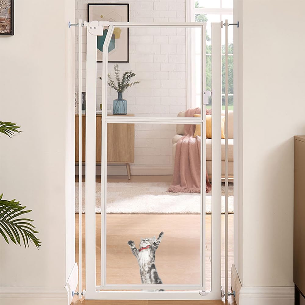 unipaws Puerta para mascotas extra alta de 142 cm, puerta alta transparente para gatos, 75-85 cm de ancho, sin taladrar, para puerta, pasillo, escaleras, color blanco
