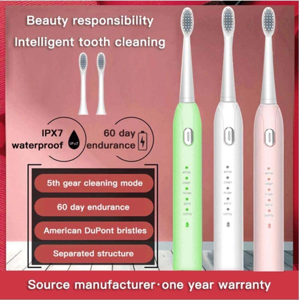 Spazzolino Elettrico USB Ricaricabile con Teste di spazzolino da Denti sostitutive 5 modalità Spazzola da Dente sbiancante ad ultrasuoni for Adulto (Color : Pink)