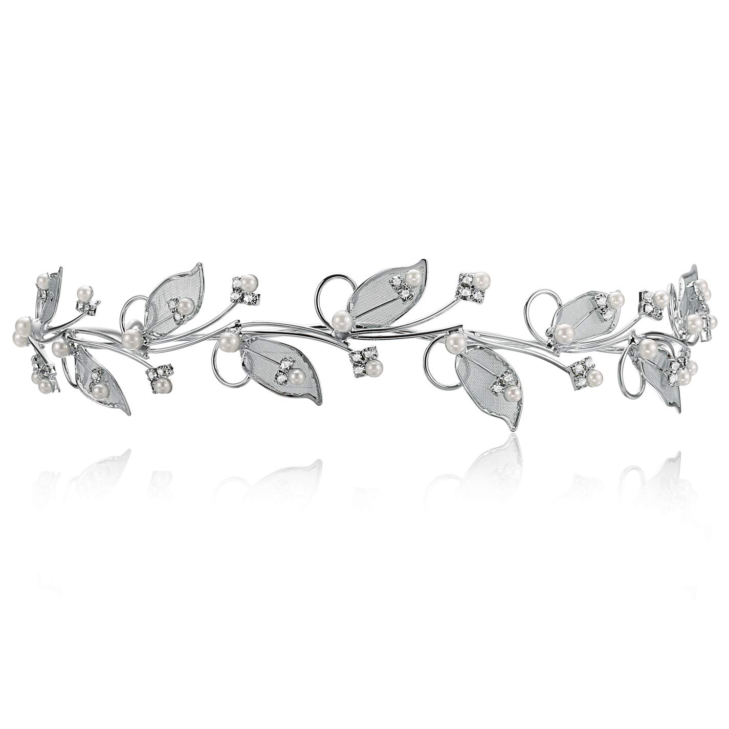 SAMKYVine Leaf Design Roman Wreath Wedding Tiara Crown - Faux Pearls Silver Plating T102