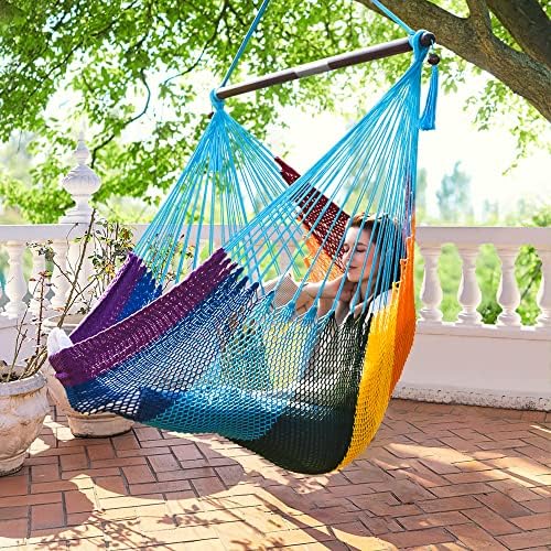 Large Hammock Chair with Spreader Bar, Caribbean Hammock Hanging Rope Swing Chair, XL Hammock Chair Outdoor, Indoor, Bedroom, 330 LBS Weight Capacity, Rainbow