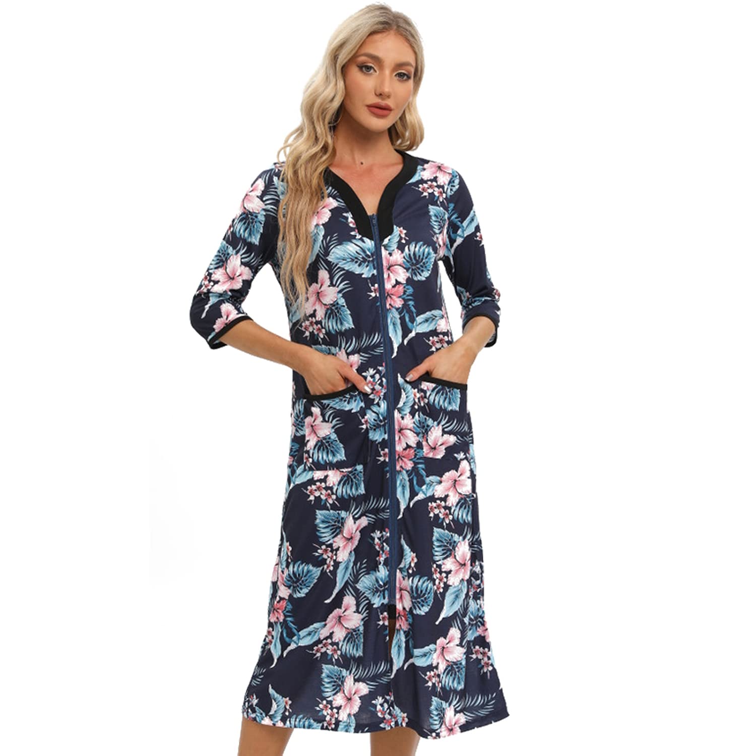 Verve JellyWomen's Zipper Robes 3/4 Sleeve Floral Print Bathrobe Lightweight Housecoats with Pockets Ladies Loungewear