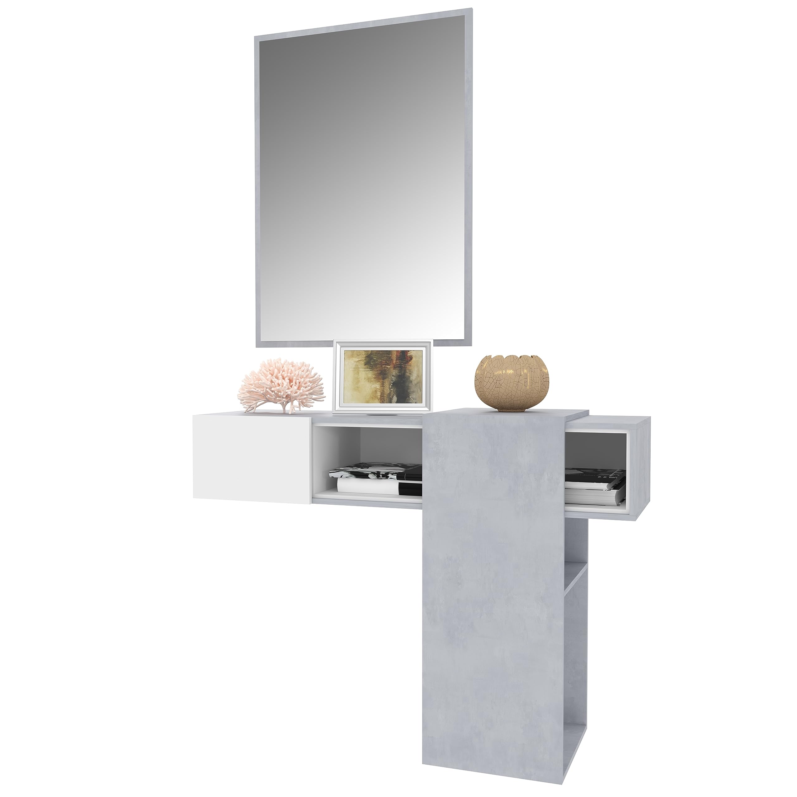 BRICOZONE Mobile Sospeso Scorrevole Da Ingresso Con Specchio Moderno Contemporaneo Salvaspazio Innovativo Funzionale Pensili Pannelli Legno Rettangolare Parete 100 x 31.5 x 75 cm Bianco Grigio Cemento
