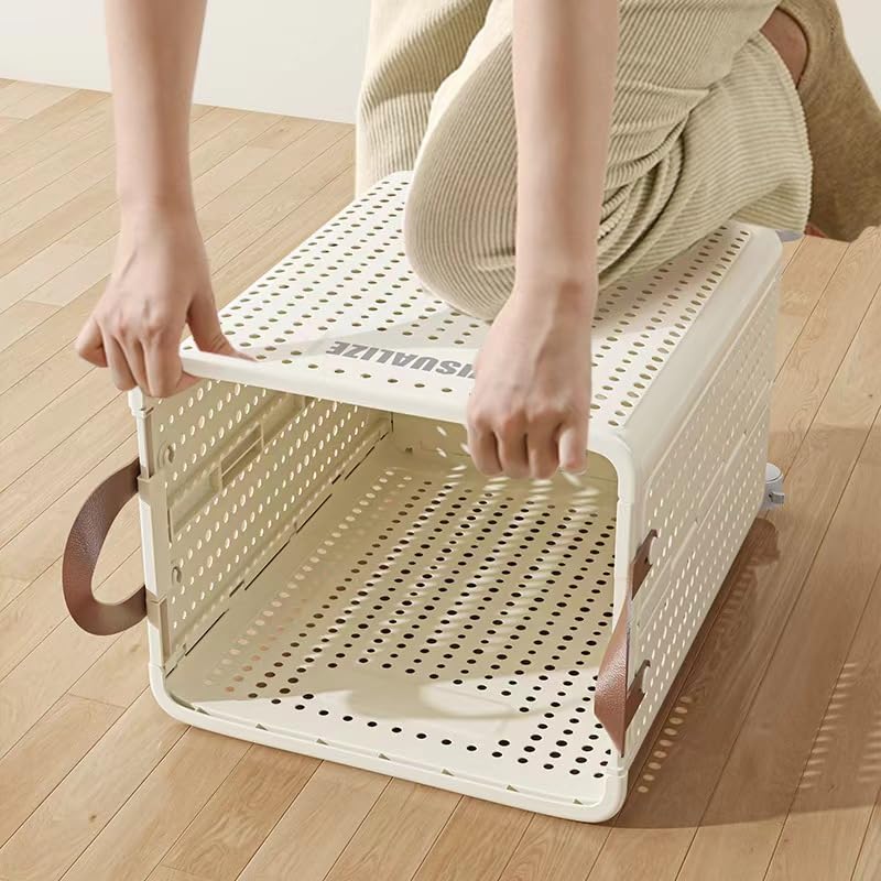 Folding Laundry,Handle and Wheels,Visualize Perforated Rolling Laundry Hamper, Plastic.beige,white,  ( Size Medium ) 