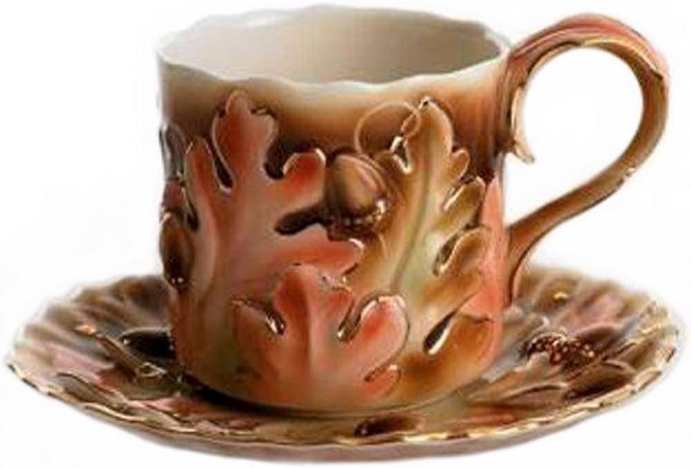 FRANZ FINE PORCELAIN GOLDEN LEAF & ACORNS CUP & SAUCER, NIB