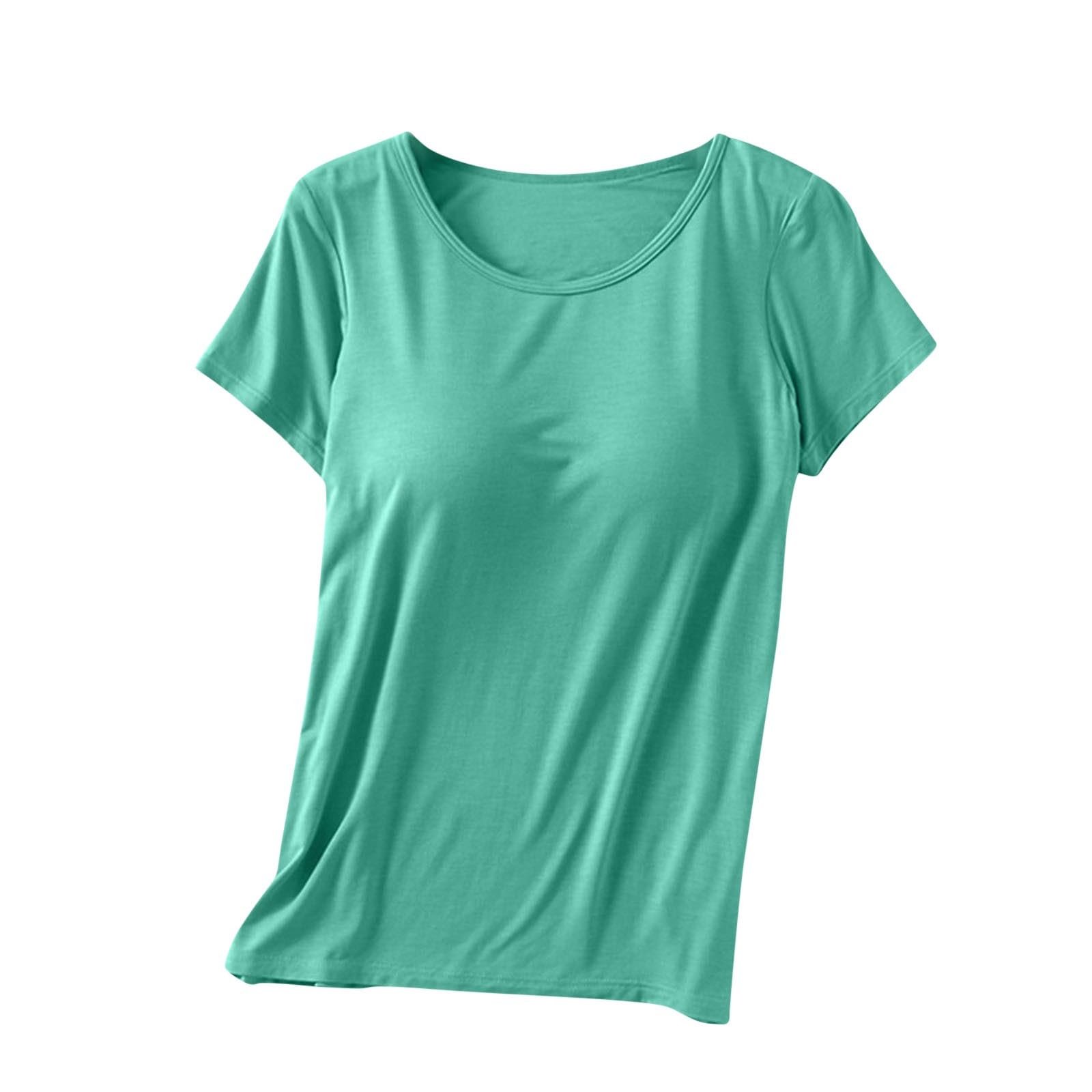 Womens Shirts with Built in Bra Short Sleeve Shirts Summer Casual Athletic Workout Yoga Shelf Bra Padded T Shirts Tops — view 19