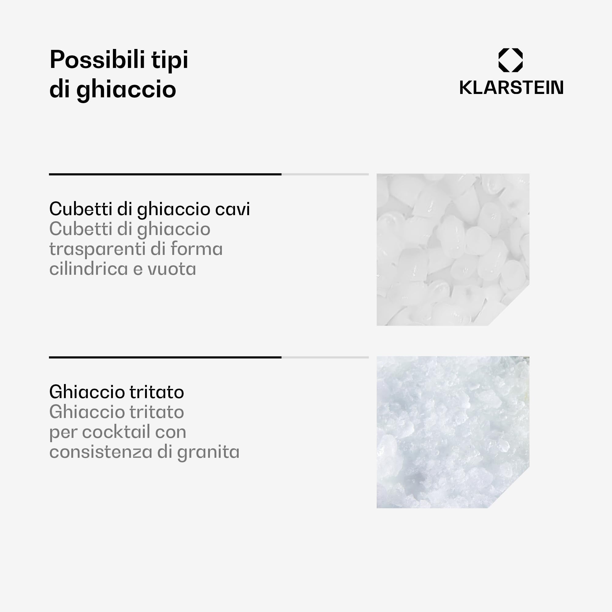 KLARSTEIN - Macchina del Ghiaccio, Acciaio Inox, 15kg/24h, Cubetti & Ghiaccio Tritato, Serbatoio: 1,8L, Pannello LED, Allarme del Livello dell'Acqua, Macchina del Ghiaccio per la Casa