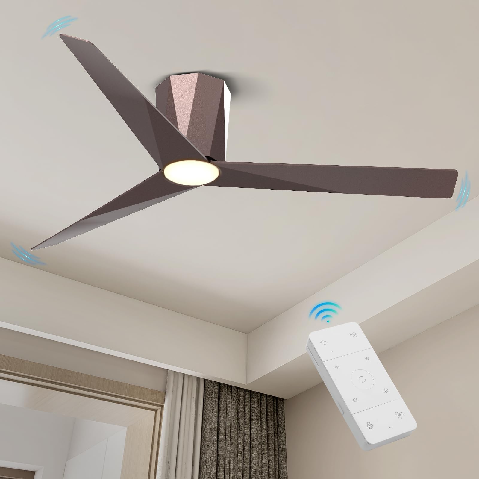 Roomratv 52 Inch Modern Coffee Finished Ceiling Fans with Dimmable Led Lights, Flush Mount Ceiling Fan with Remote Control, Quiet DC Reversible Motor