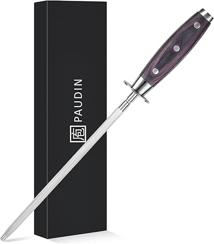 PAUDIN Acero afilador de cuchillos de 10 pulgadas, acero para afilar cuchillos, barra de acero al carbono profesional para cuchillos de cocina