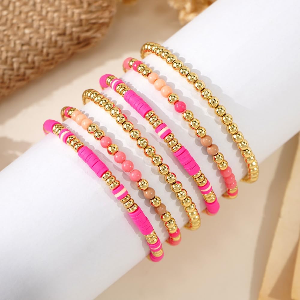 Gold Beaded Bracelets Set for Women Stocking Stuffers for Women Boho Dainty 14K Gold Plated Beads Ball Crystal Bracelet Stack Colorful Heishi Clay Jewelry Set Christmas Gifts for Her - Image 5