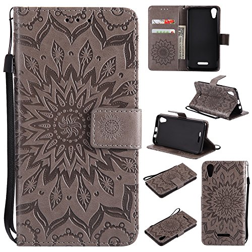 PU Leather, Clamshell Sun Flower Printing Design PU Leather Clamshell Flip Wallet Lanyard Protective Case with Bracket Card Slot for Wiko Lenny 4 Phone case,Protective Cover (Color : Gray)
