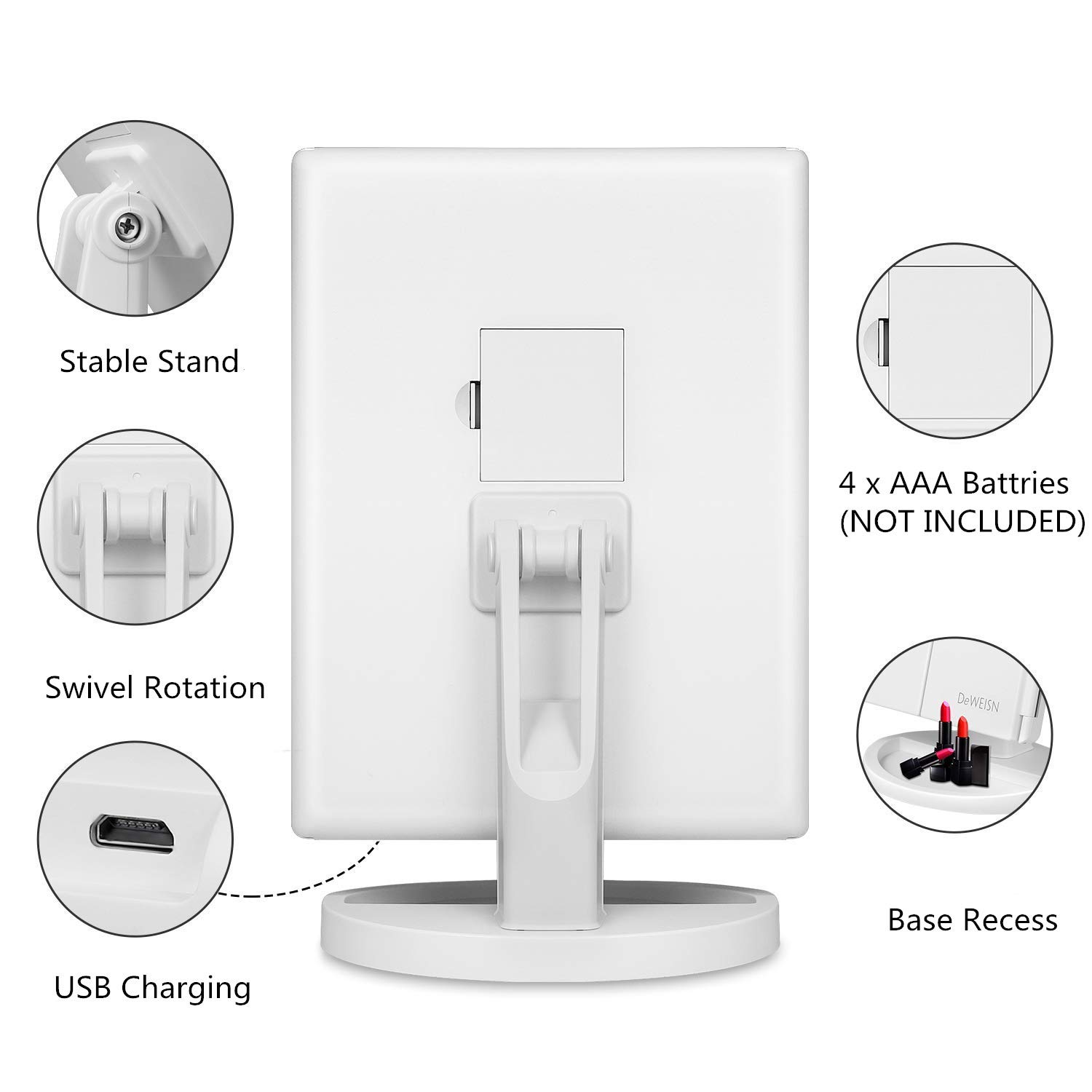 DEWEISN Specchio Trucco con Luci 21 LEDs, Specchio di Vanity Trifold Pieghevole Ruota di 180° Ingrandimento 1x / 2x / 3x Specchio per il Trucco Touchscreen Dimmerabile per Cura Della Pelle (Bianco)