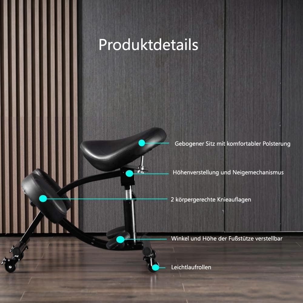 Ergonomischer Kniestuhl, Sattelhocker für Zuhause und Büro mit abgewinkeltem Sitz zur Verbesserung Ihrer Körperhaltung, verstellbare Fußstütze, Schwarz