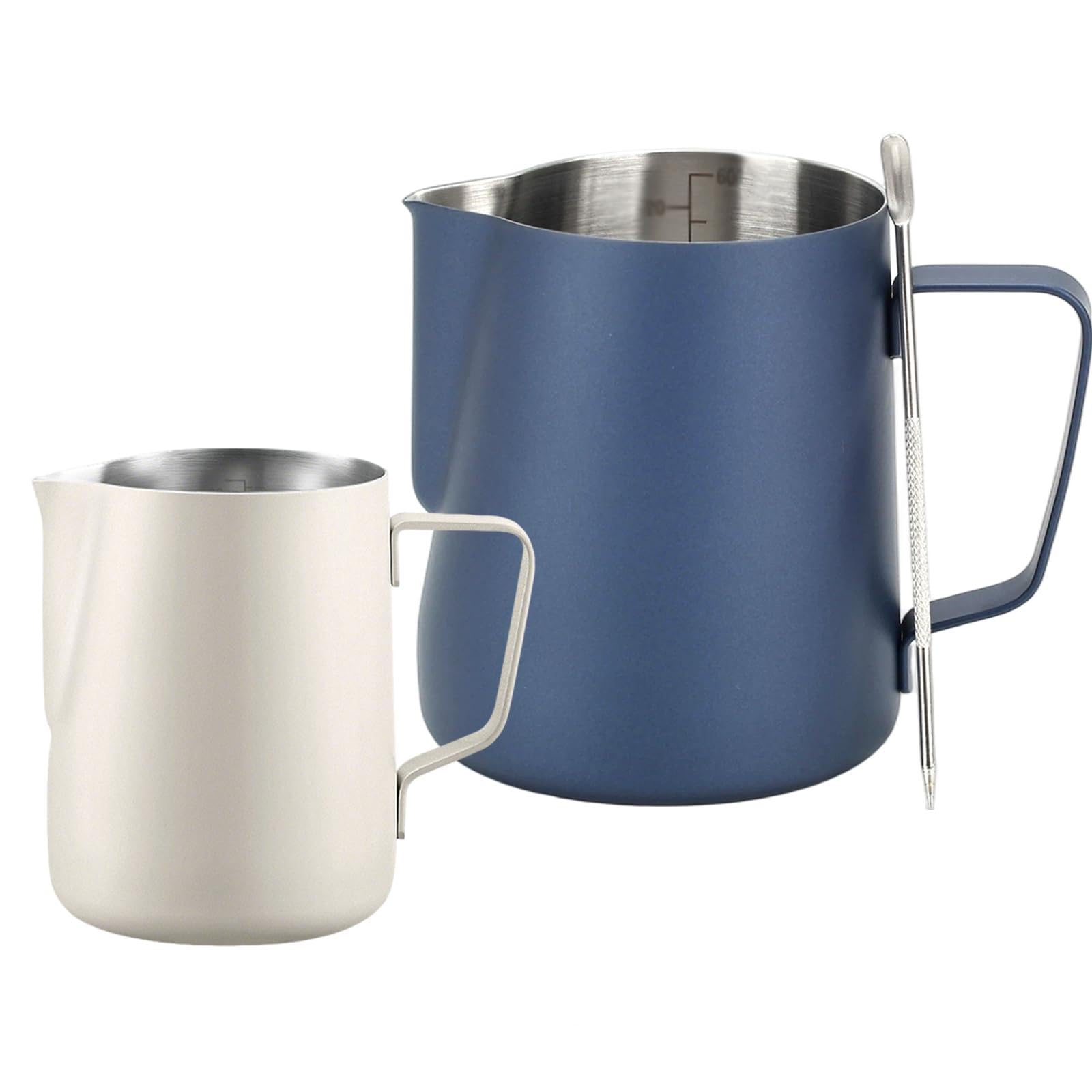 Lot de 2 pichets à mousse de lait 600 ml et 350 ml, pichet à vapeur en acier inoxydable, pour café, cappuccino, latte, accessoires de café (bleu/beige)