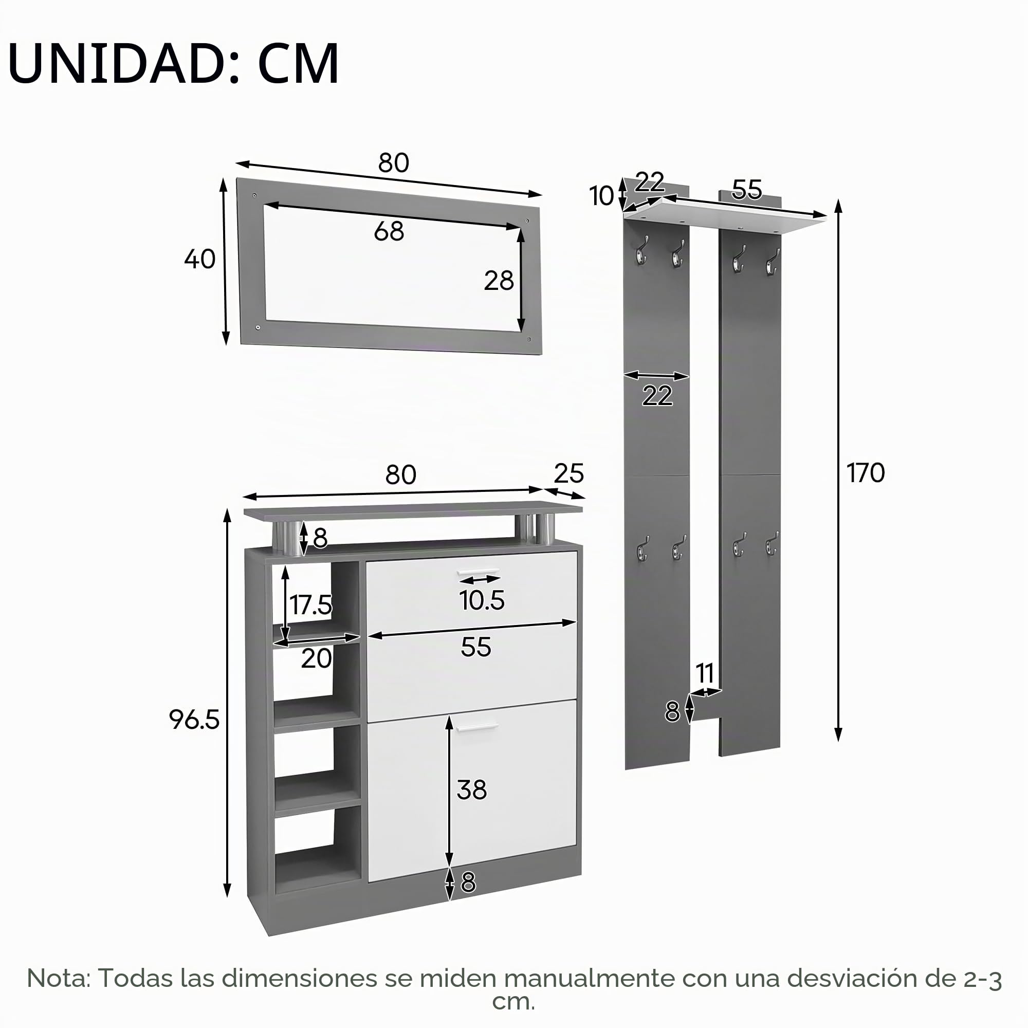 Lexiou Juego de perchero de pared, 80 x 25 x 96,5 cm, incluye espejo, 2 paneles de pared, una estantería y un zapatero, cuerpo gris antracita mate, muebles de pasillo