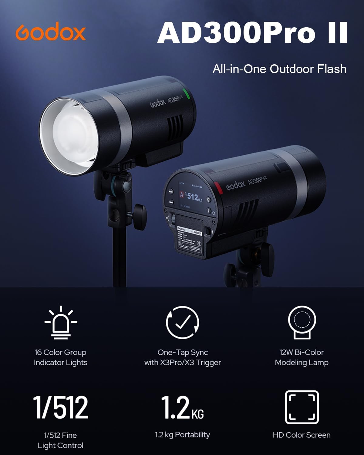 GODOX AD300 Pro II AD300Pro II Outdoor Strobe, 300Ws 2.4G TTL HSS 1/8000s, 0.01-1.5s Recycle, 350 Flashes, One-Tap Sync for X3/X3Pro, 12W Bi-Color Modeling Lamp, 1/512-1/1 Power, HD Color Screen 3 61H8p RUTTL. AC SL1500