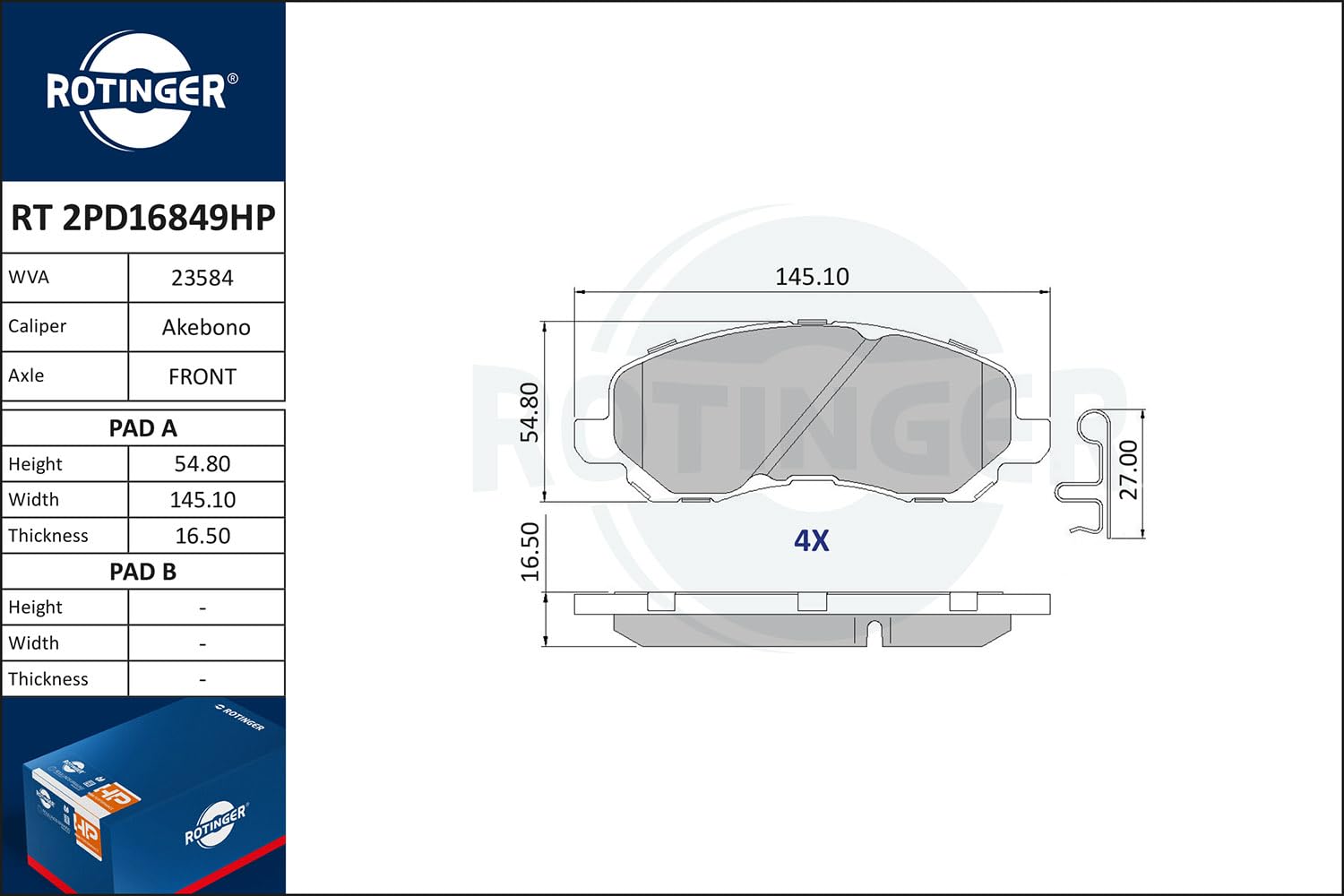 Klocki hamulcowe ROTINGER (Przód) RT 2PD16849HP, ECE R90, Komplet 4 sztuk