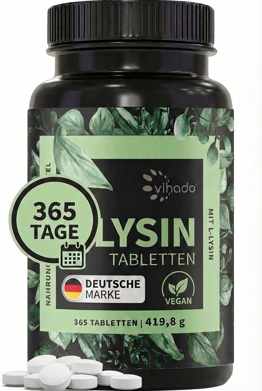 Vihado Lysin Tabletten, Jahresvorrat, 800 mg L-Lysin pro Tablette, fermentiertes L Lysin HCL, 365 vegane Tabletten