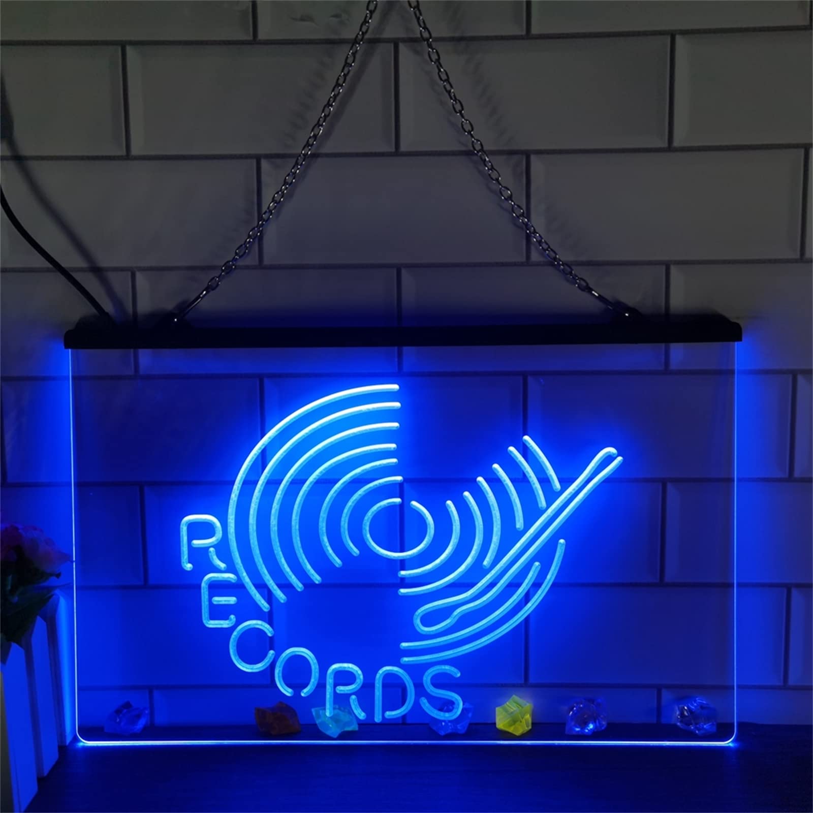 Record giradischi LED insegna al neon, luci al neon incise USB 3D personalizzate con dimmer, per musica dal vivo party bar negozio di chitarre appeso a parete decorativo dimmerabile,Blu,40x30cm
