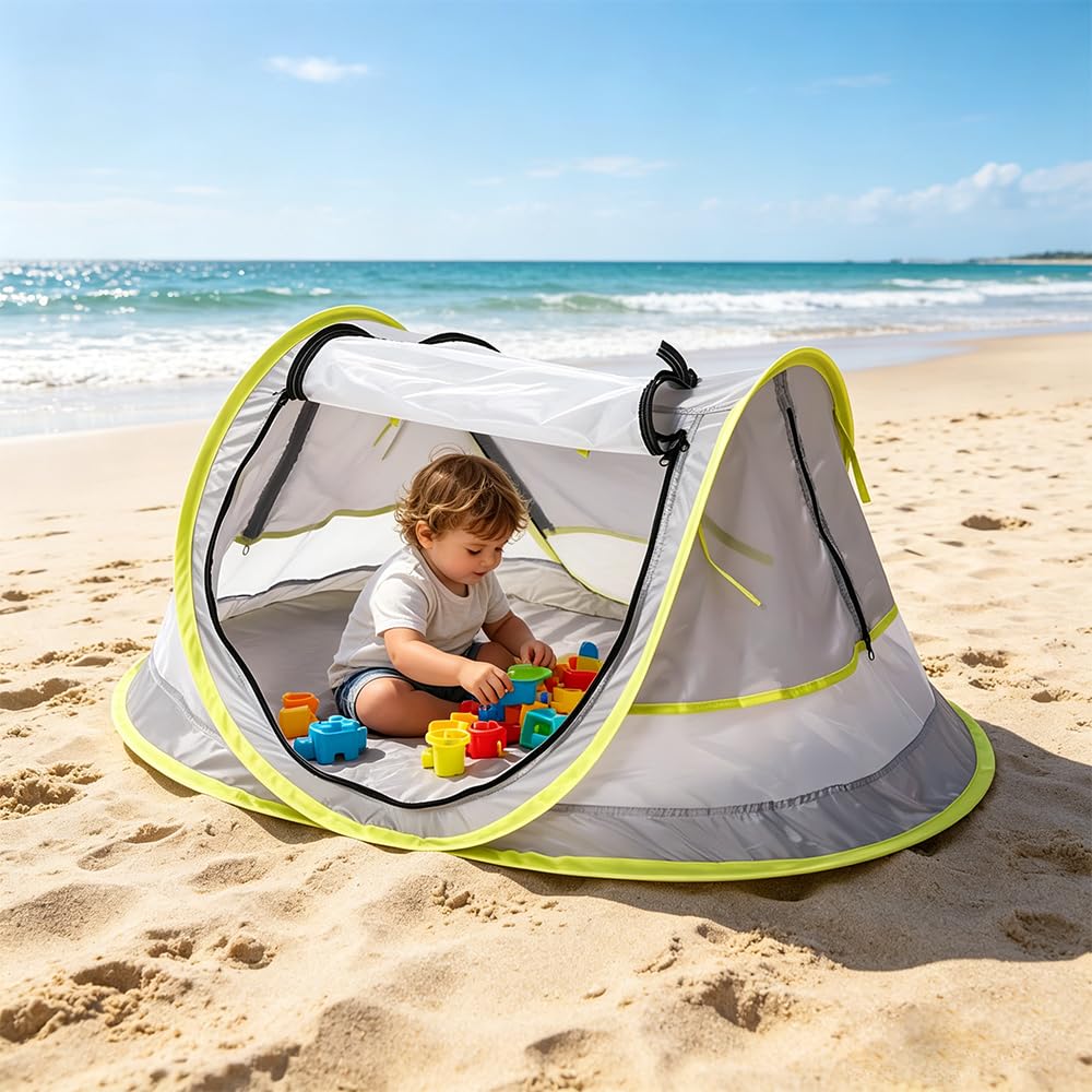 NAVESO Pop Up Beach Tent Baby,Baby Sun Tent with UPF 50+,Beach Tent Pop Up Babies UV Protection with Tent Pegs,Foldable Sun Shade Shelter for Toddler 0-2 Years for Traveling,Camping, Fishing (Grey)