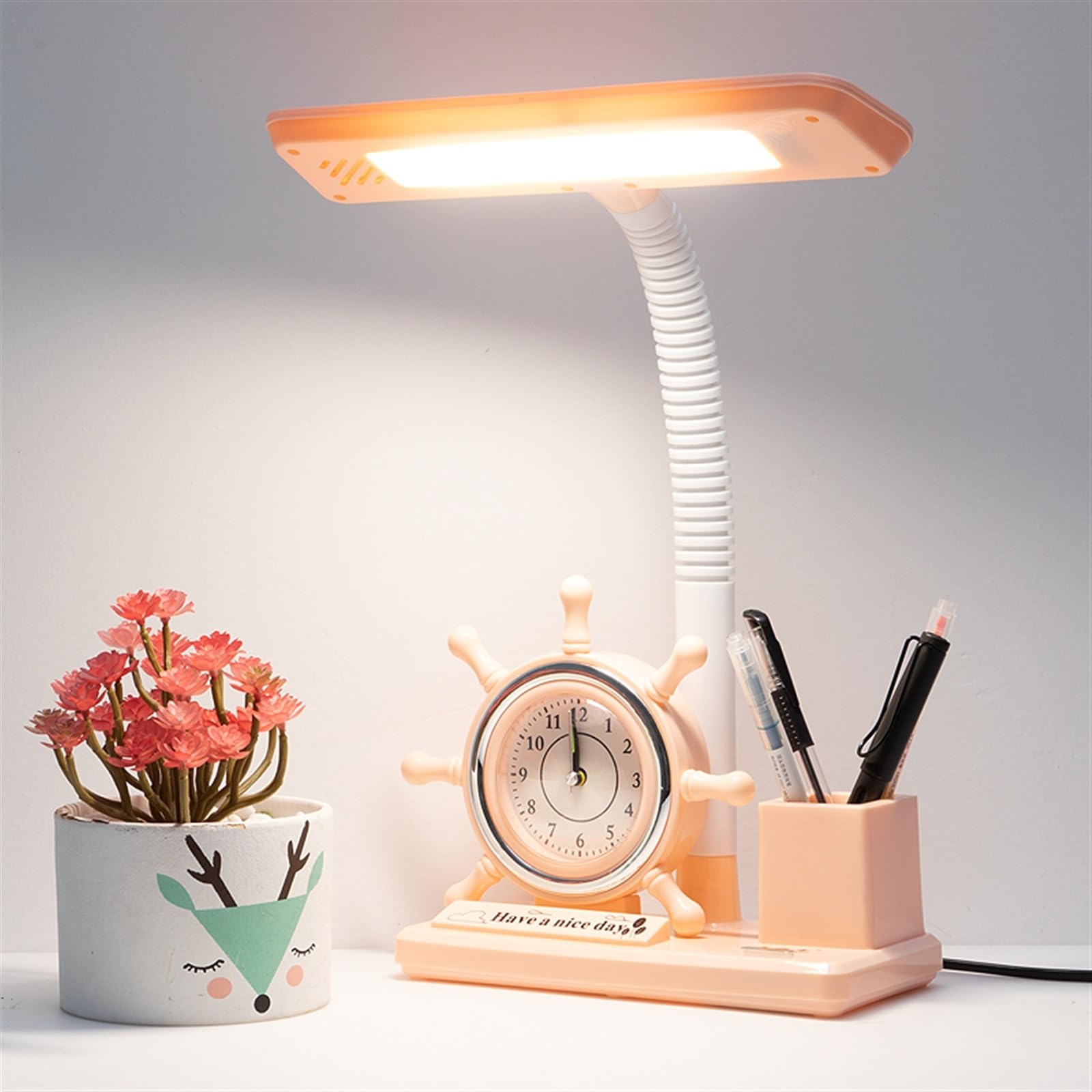 Lampka nocna Lampka biurkowa Lampa biurkowa do ochrony oczu, wtykowa lampa biurkowa LED, lampa studyjna z małym budzikiem i uchwytem na długopis, 3 tryby oświetlenia, przełącznik przyciskowy Lampa sto
