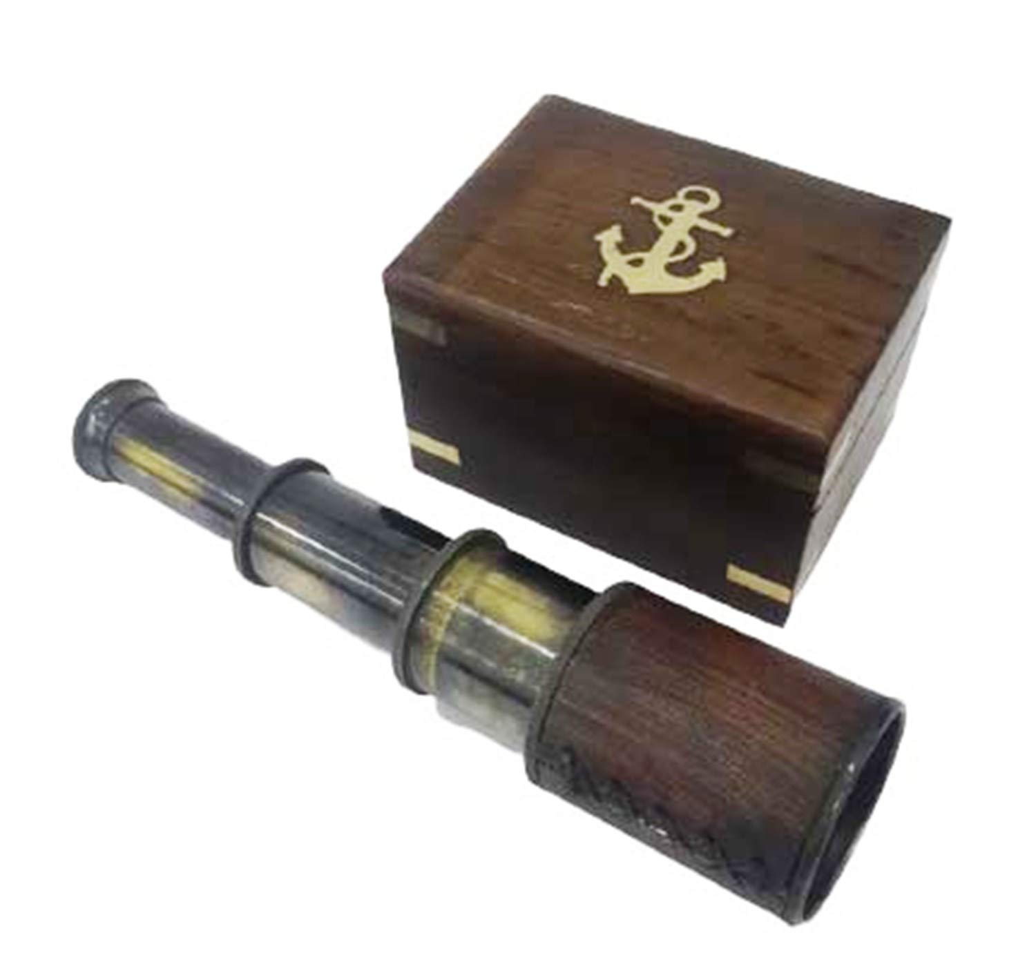 Vintage Nautical Handheld Folding Telescope Nautical Brown Wooden Box Rustic Vintage Home Decor Gifts