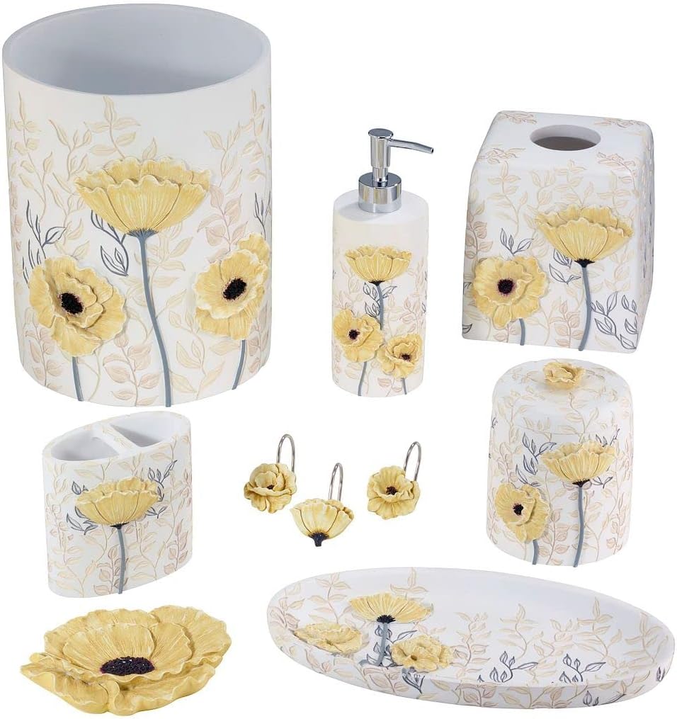 Avanti Linens - Shower Set, Fabric Shower Curtain & 12pc Shower Hooks, Chic Home Decor (Marielle Collection, Yellow)