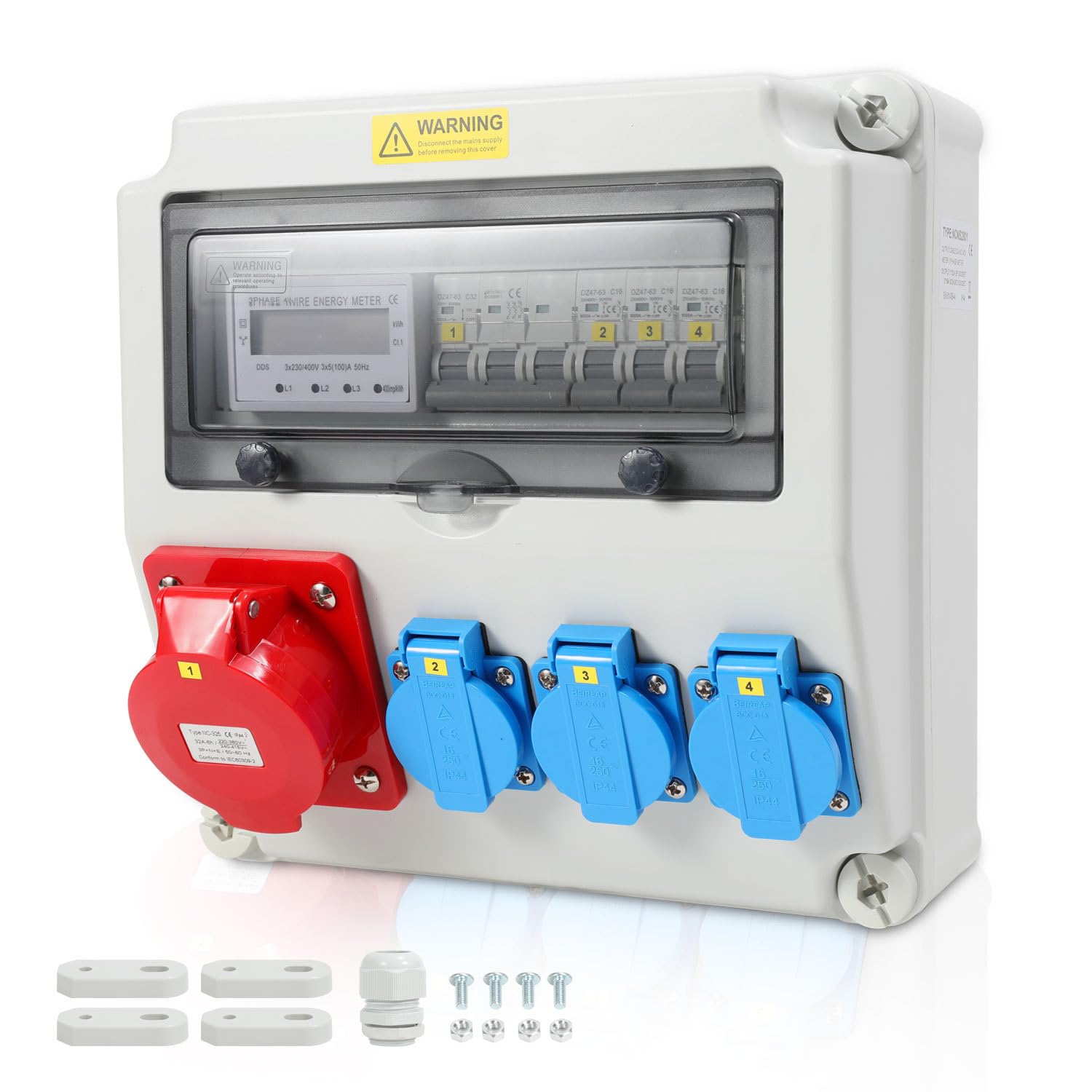 Baustromverteiler 3x 230V,1x CEE 32A mit Zähler IP65 Wandverteiler