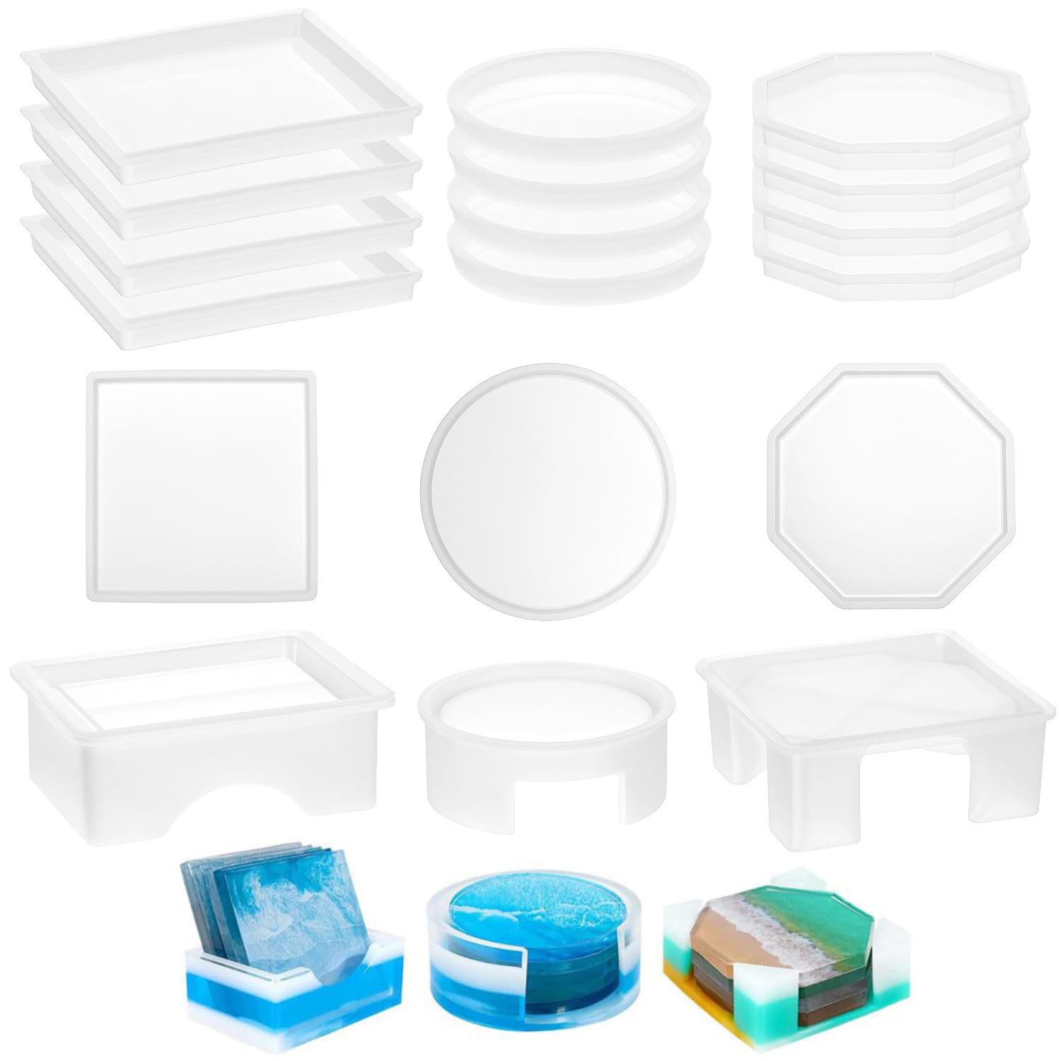 QWORK® 18 Pcs Silicone Resin Moulds Set, Silicone Moulds for DIY Art Crafts, Includes Round, Square, and Octagon Coaster Moulds, for Making Cups Mats, Tray