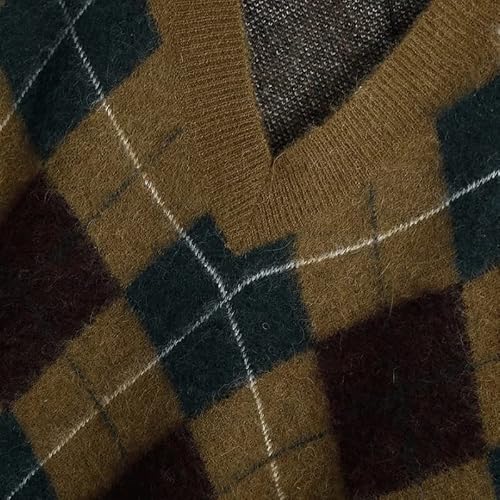 Tjlss Ladies V Neck Diamond Plaid Casual Knit Vest Sweater Ladies Vest Pullover (Color : A, Size : M Code) #TOP4