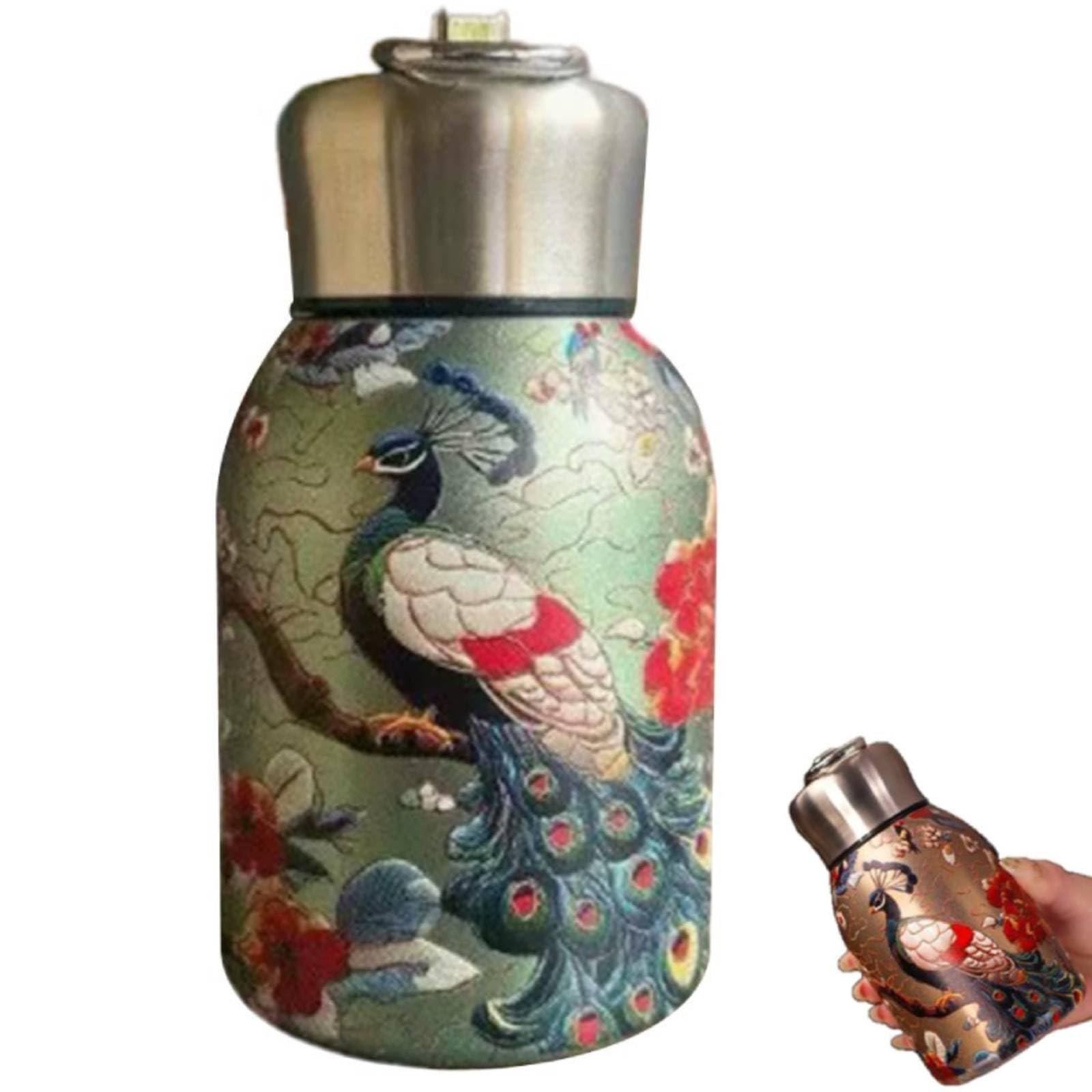 Portable Insulated Stainless Steel Water Bottle, 300ml Vacuum Flask Hot Cold Drinks Container with Hanging Ring for Outdoor Camping Hiking Travel Office Use Retro Design