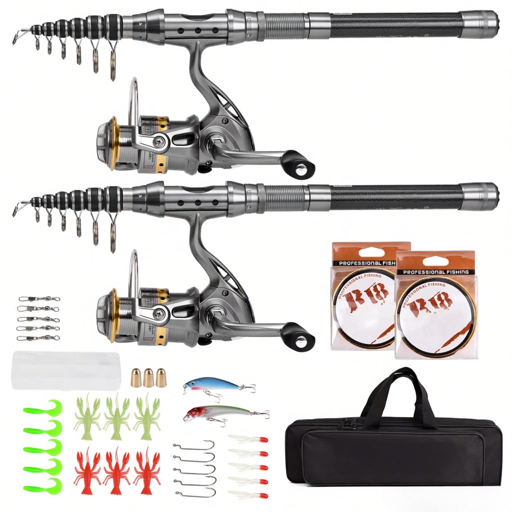 Set da pesca telescopico combinato con 2 canne in carbonio mulinelli a rotazione filo e accessori completi per la - Attrezzatura pronta all uso appassionati di