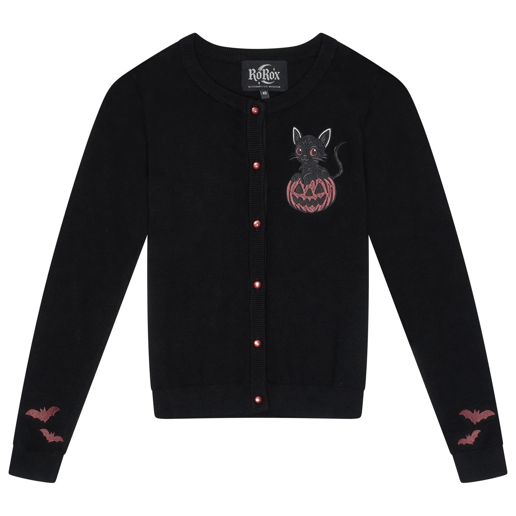 Ro Rox Cat & Pumpkin Halloween Cardigan – Spooky Embroidered Retro Knitwear, Black, 2XL