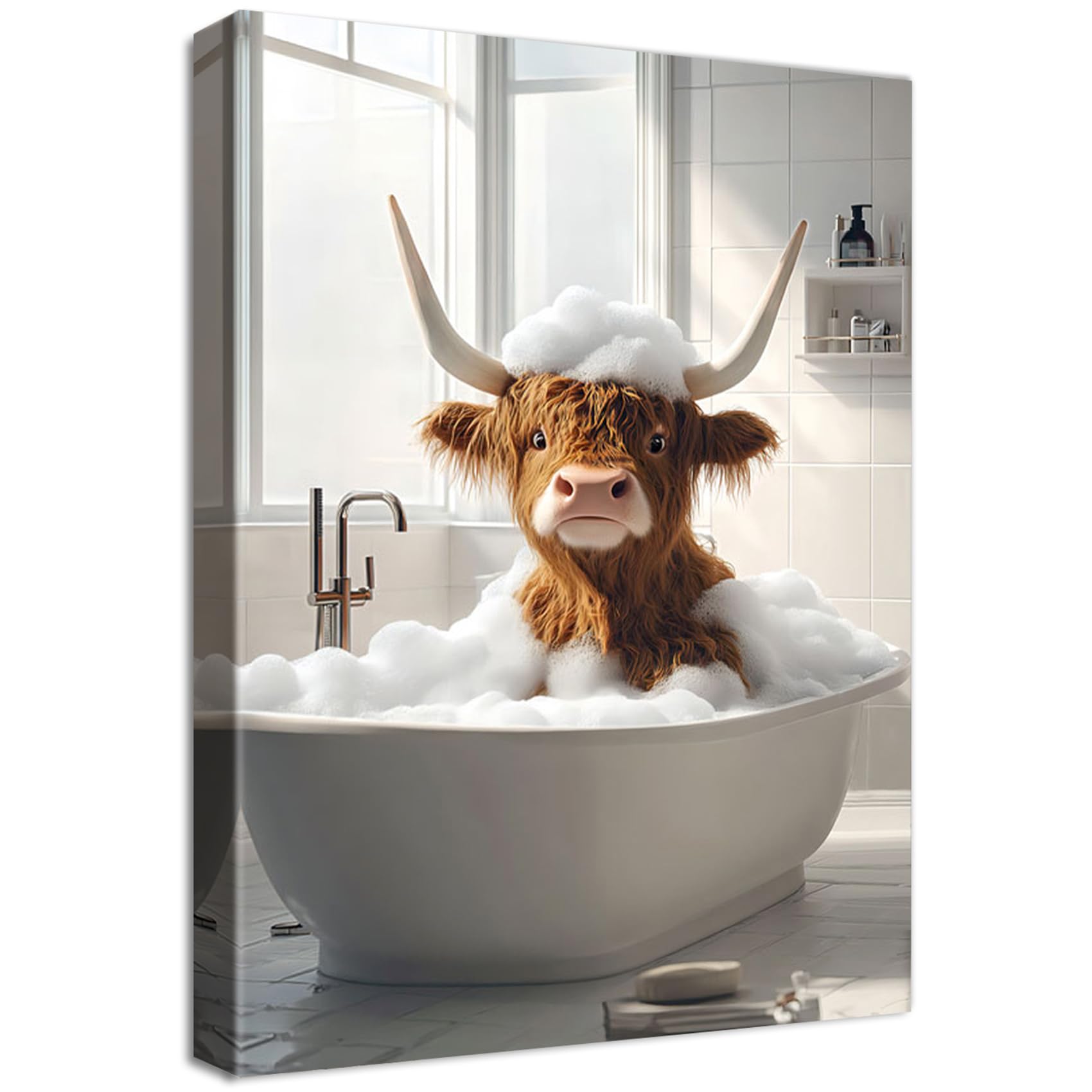 Hochlandkuh Badezimmer Wandkunst Leinwand Bilder Mit Rahmen Badende Kuh Tiere Humor Bild Wandbilder Wandkunst Kunstdruck auf Leinwand Malerei Wohnzimmer Korridor Schlafzimmer Wanddekor 40x60cm