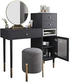 Ensemble De Coiffeuse Haut De Gamme Avec Miroir Rond HD, Tabouret Coussin Et 4 Tiroirs De Rangement + Armoire De Rangement, Meubles De Bureau Multifonctions De Maquillage Pour Chambre D'appartement