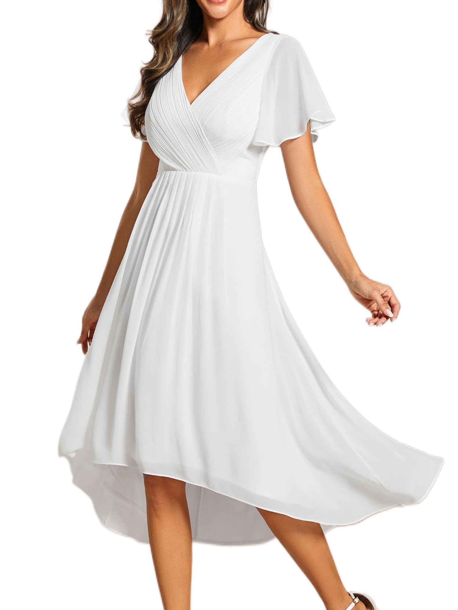 Ever-Pretty Robe de Soirée High Low Col V Robe D'Invité Manches Courtes A Line Blanc42