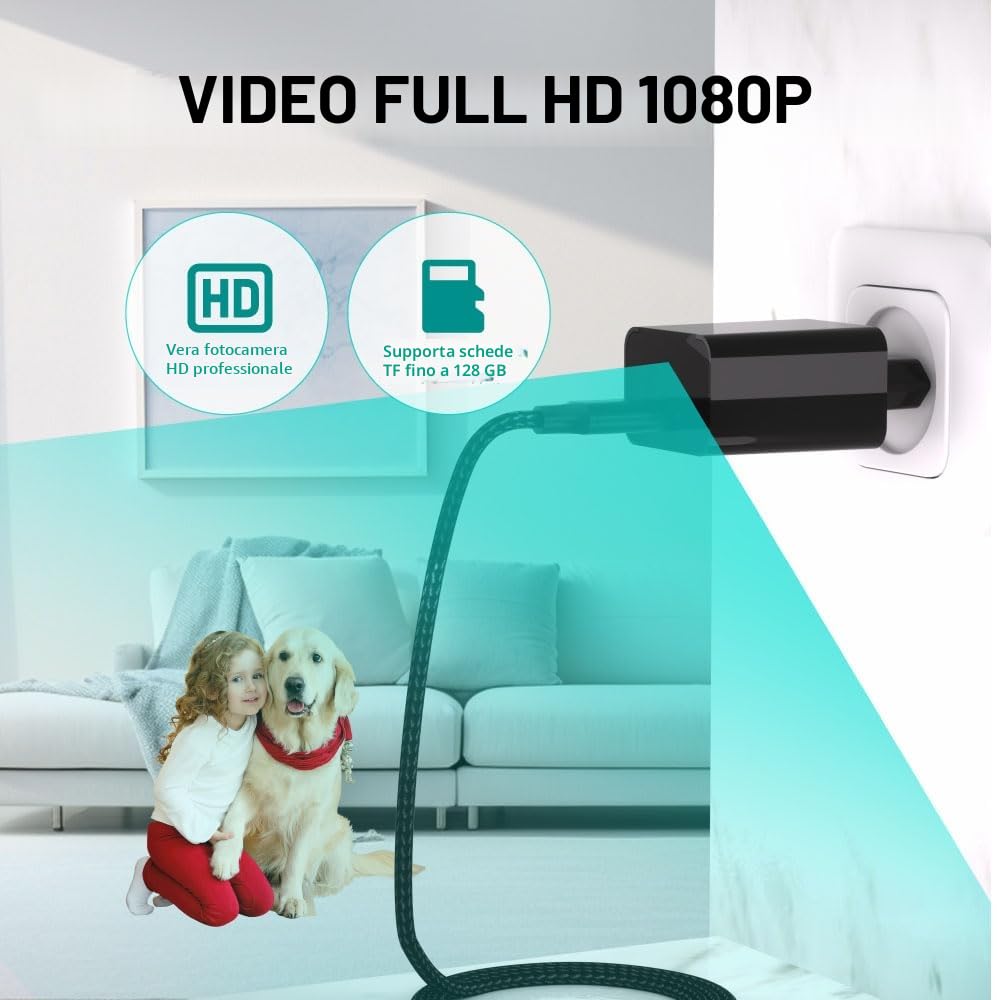 Mini Telecamera Spia nascosta 64GB Con Caricatore USB, 1080P HD, Con Rilevazione Di Movimento, Visione Notturna, Mini Telecamera Per La Sicurezza Di