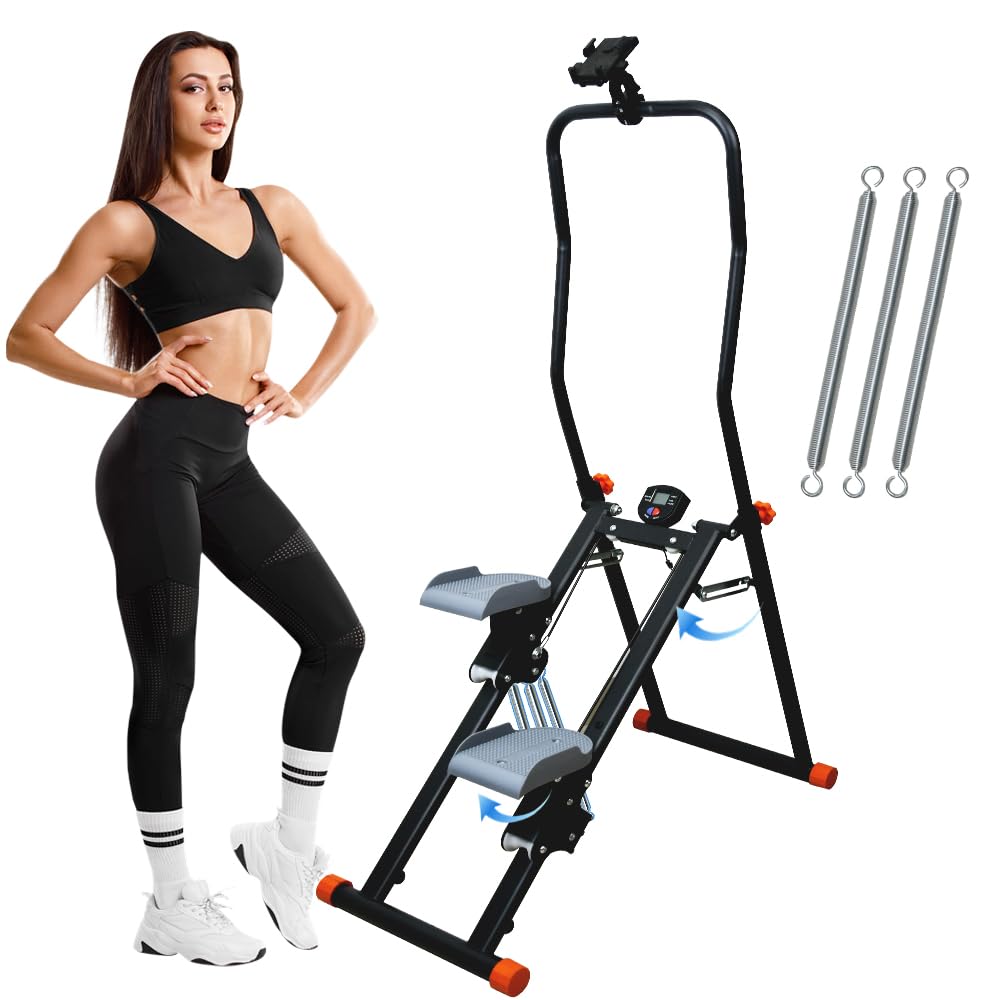 Adjustable Stair Stepper for Home, Full-Body Vertical Climber Machine with 3-Level Resistance, 2 Incline Angles, Foldable Cardio Stepper with LCD Monitor & Height Adjustable Handlebar